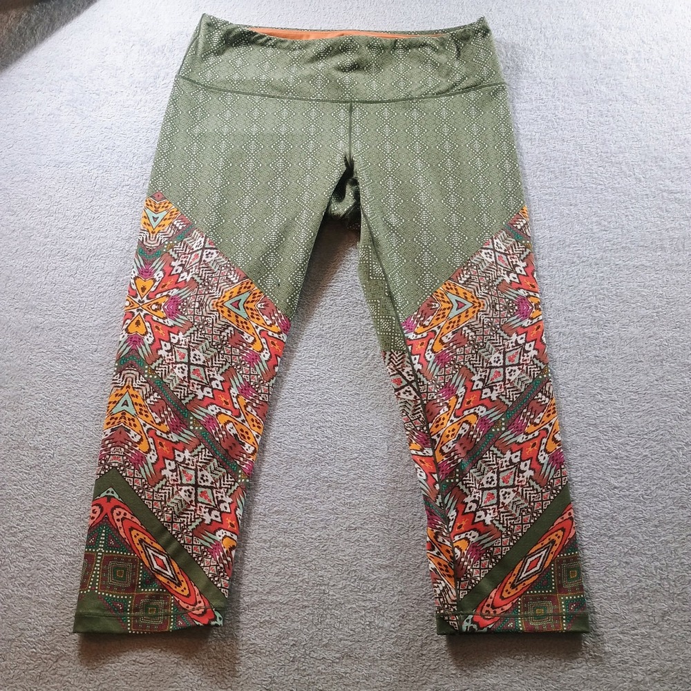 prAna Women Leggings Capri Green Geometric Print Large Boho Yoga Pants